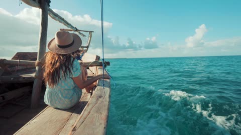 Woman Traveling on Wooden Boat