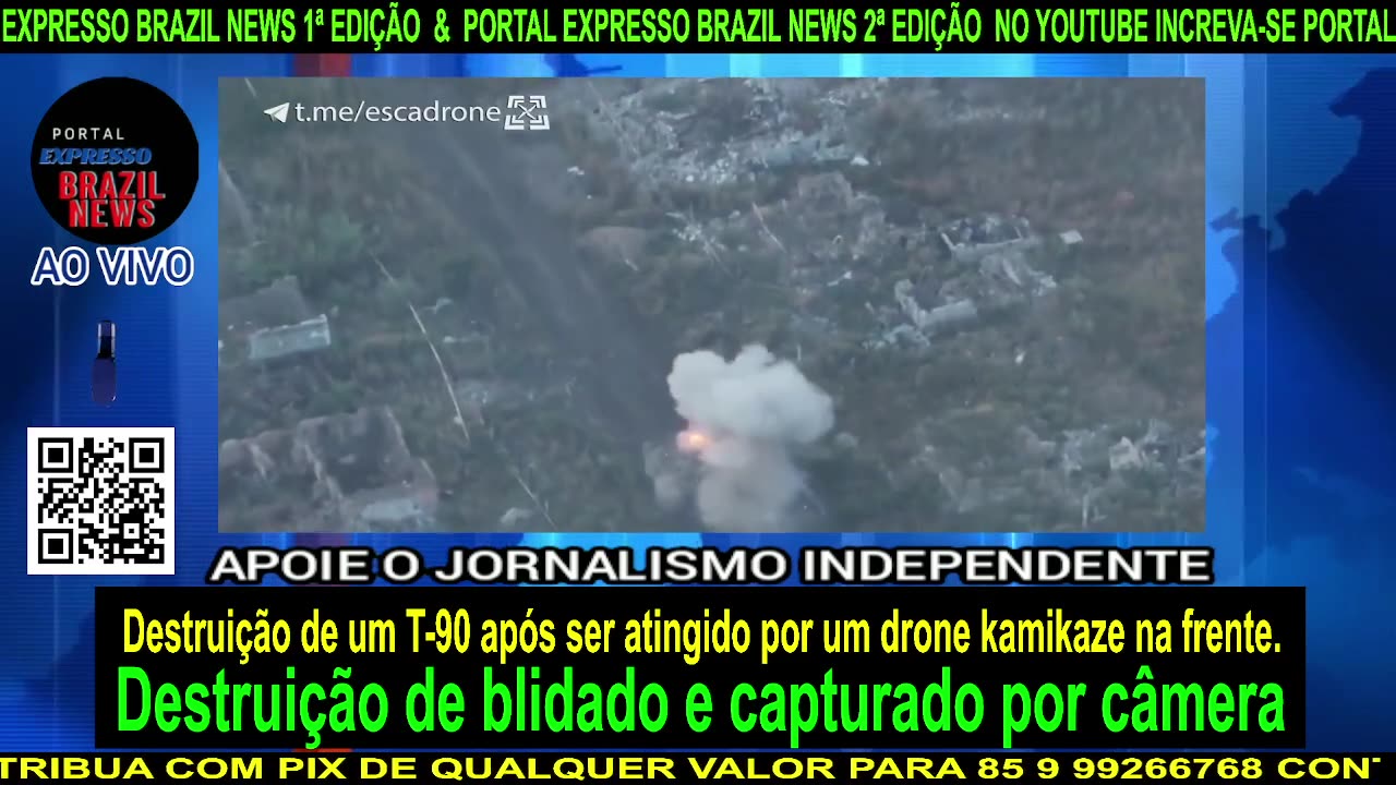 Destruição de um T-90 após ser atingido por um drone kamikaze na frente.