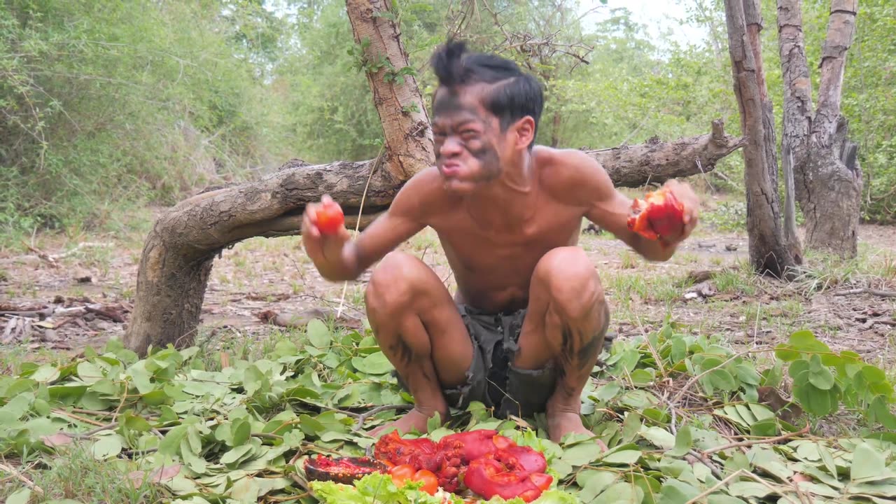 Primitive Technology - Eating deLicious in The forest coocking pig Leg #000203