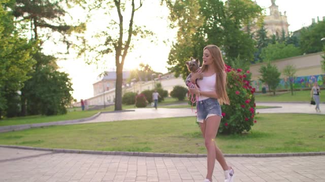 Beautiful Girl Walking With Her Small Dog In The City Park And Using Smartphone