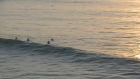 Waves on a beach with a few surfers