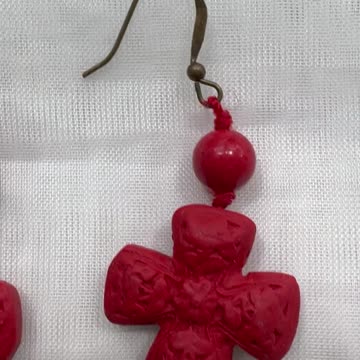 Handmade + Knotting Unique Bracelet and Earrings Set with Cinnabar Cross. Red