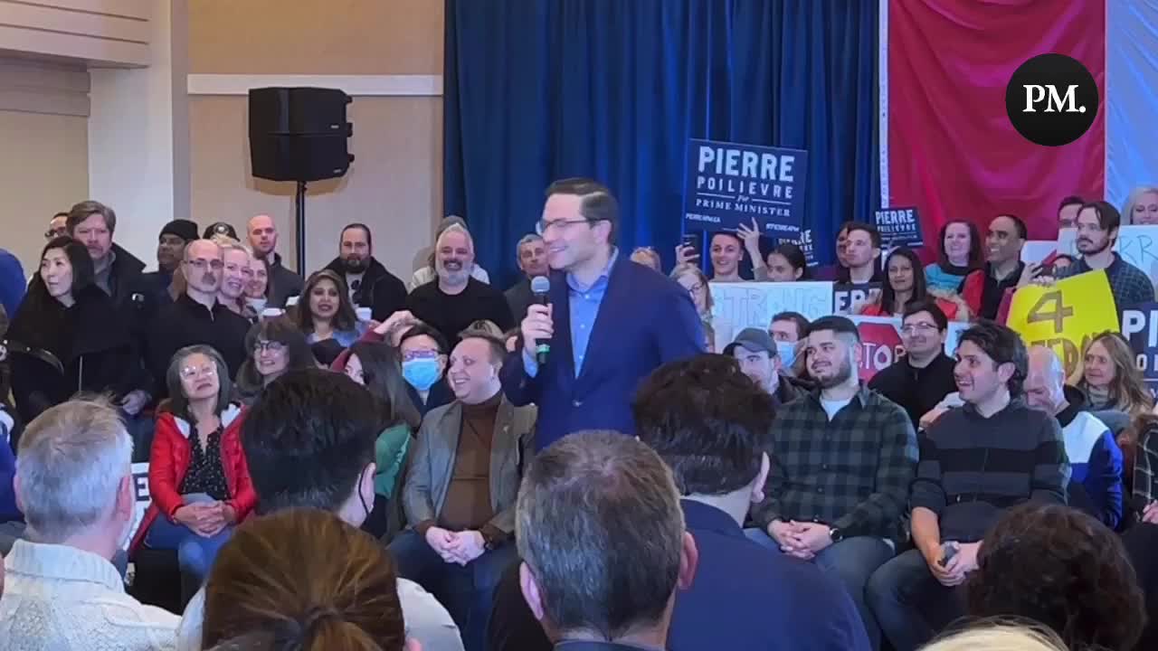 The audience goes wild when Pierre Poilievre mentions defunding the CBC