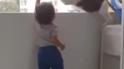 A very Caring '' Cat '' does not let '' Toddler '' climb that rail .