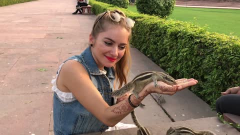 Beautiful Lady Feeding Squrrles on Hands