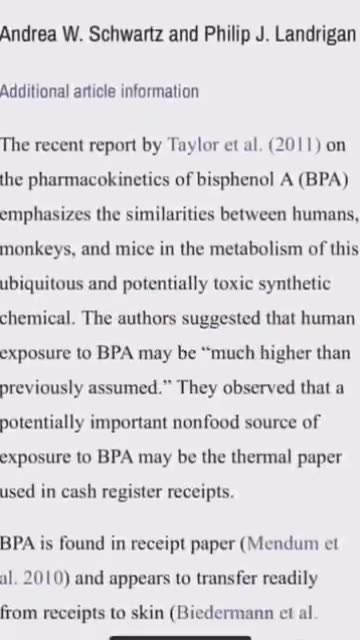“人類正面臨環境毒素高危害01”以接觸性滲入皮膚到體內，科學已多證明對人體內分泌系統、生殖與神經系統有危害，是化學毒素！在許多國家已被禁用的高使用性熱敏紙收據