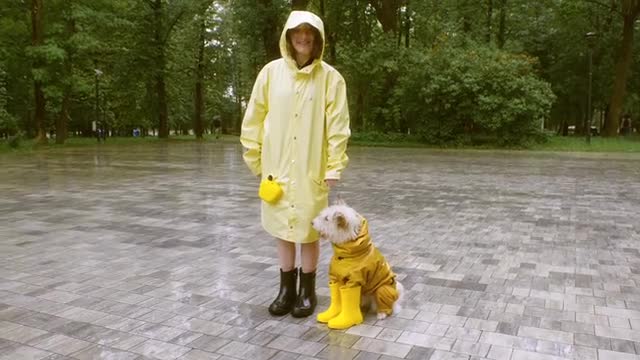 A Woman and a Dog Wearing Raincoat and Rubber Boots