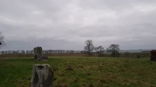 Ancient standing stones in field.