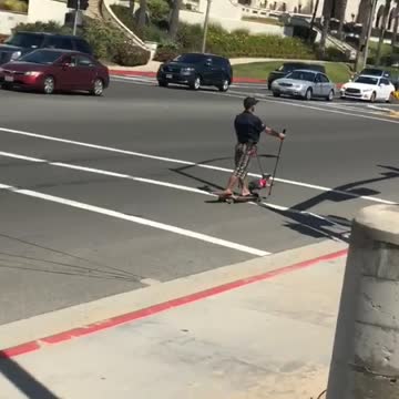Guy skateboard street dog on leash skis