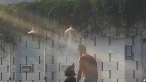 Dog under outdoor shower