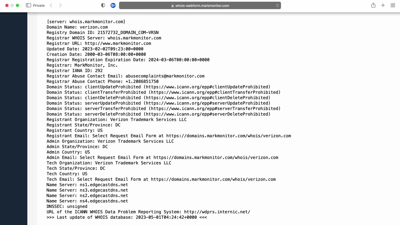 Verizon.com WHOIS April 30, 2023
