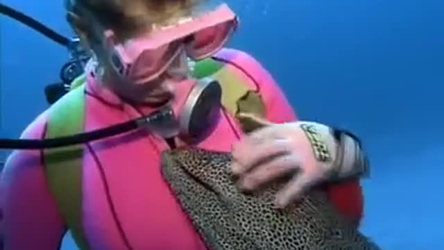 Girl fun with interesting fish in sea