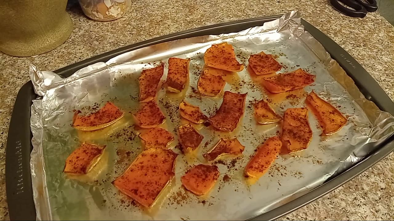 Oven Baking Roasting Butternut Squash Skins (powdered sugar, pumpkin spice & a dash of salt)