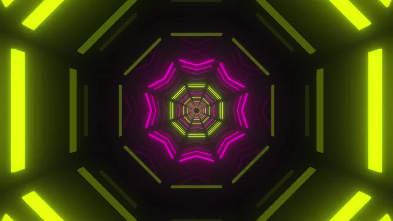 Octagonal tunnel with figures of neon lights