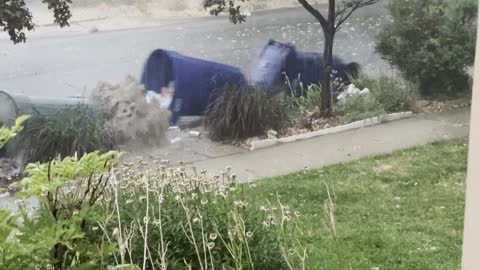 Garbage Cans Float Down Street During Flood