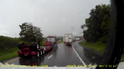 Truck Jackknifed in the Rain in Front of Driver