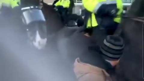 Peaceful protestor trampled by RCMP horses.