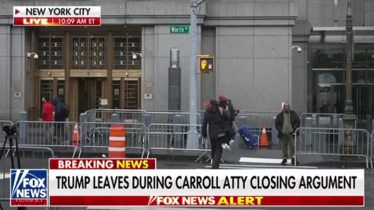 Donald Trump exits court while E. Jean Carroll's attorney concludes closing remarks.