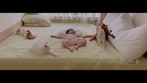 Cats Secure A Little Sleeping Baby