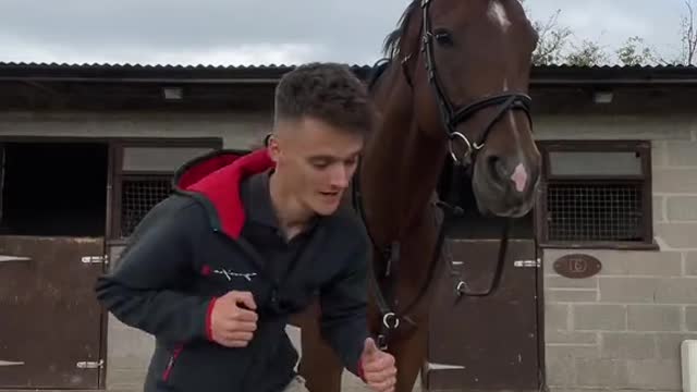 A handsome man and his tall horse