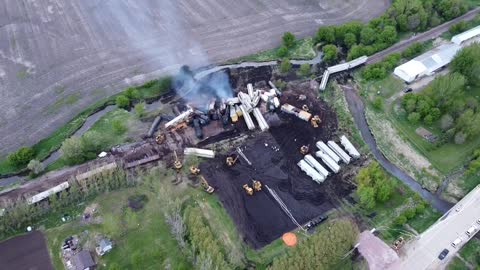 Drone Captures Ongoing Repair Work At Train Accident Site in Iowa