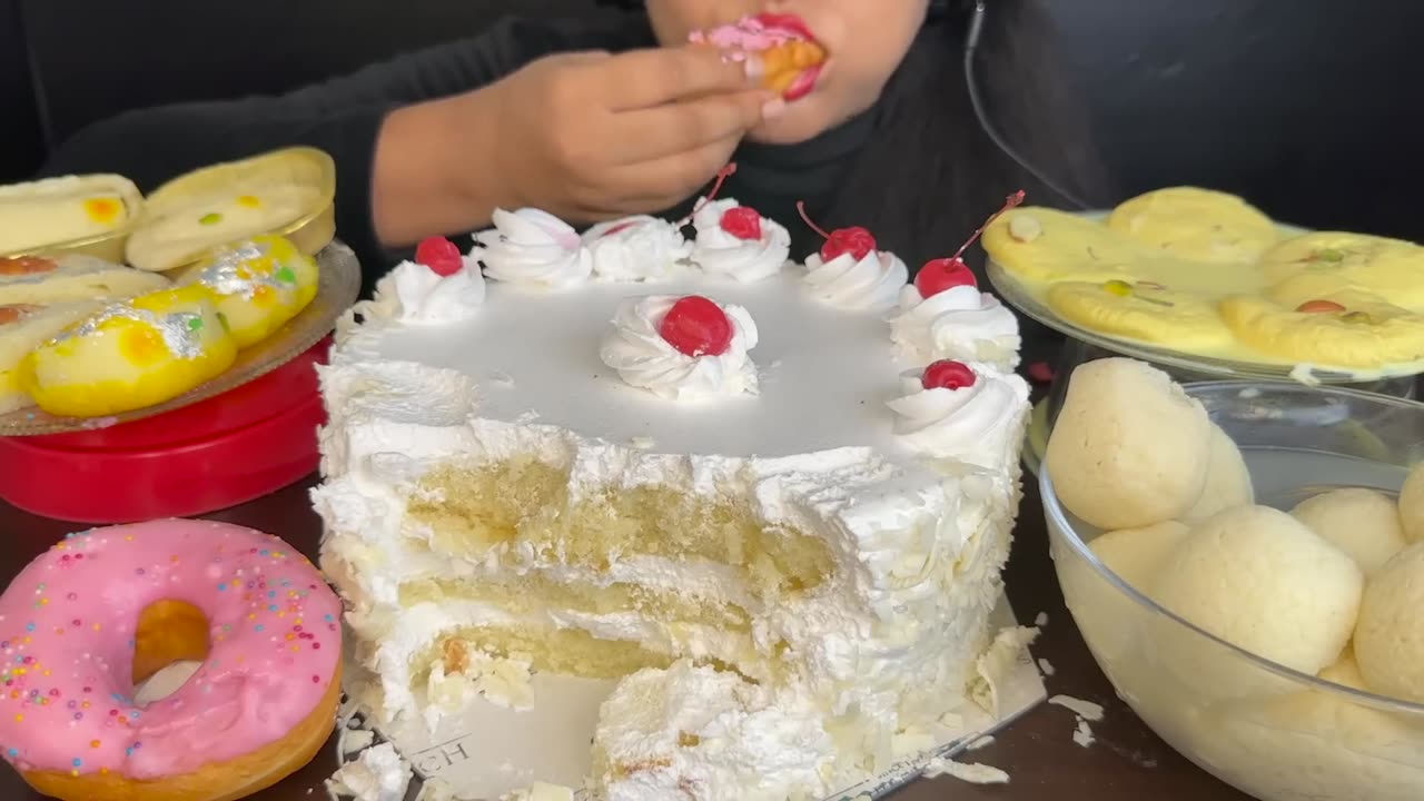 ASMR EATING CAKE WHITE FOREST CAKE,DONUTS *DESERT MUKBANG*