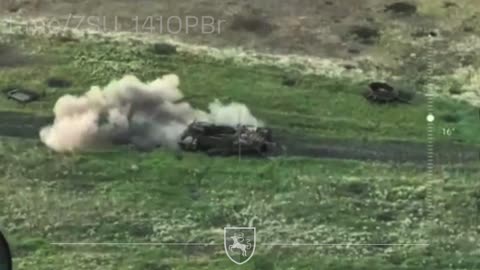 Russians Looking for Cover Behind Destroyed Tank