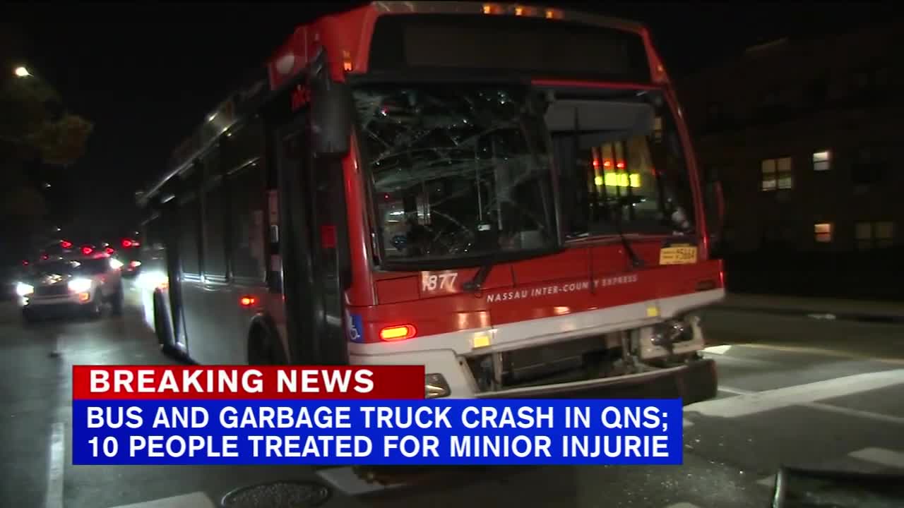 10 hurt after bus collides with garbage truck in Queens