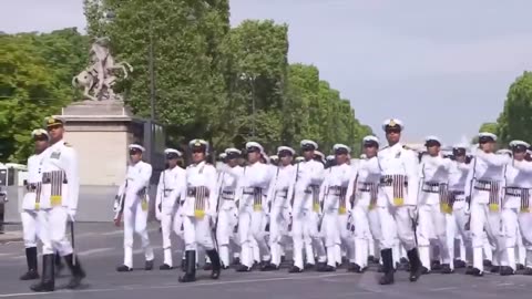 Proud Moment! India's tri-services contingent march past during the Bastille Day