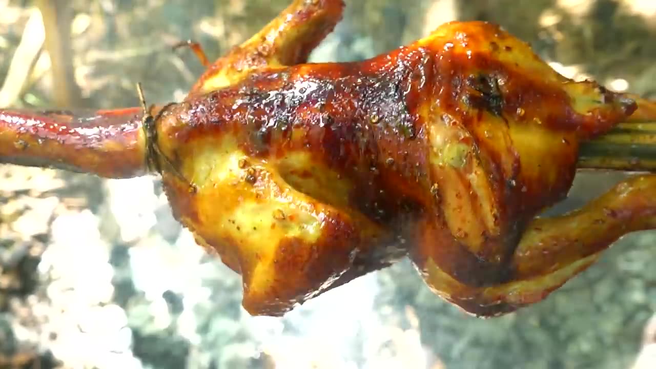 Survival In Jungle Roasted Buffalo Chicken BBQ Eating With Hot Spicy Chili Sauce So Delici