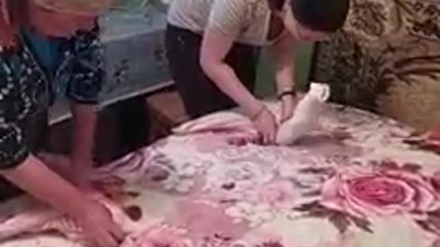 Ensinando Márcia a dobrar a roupa.