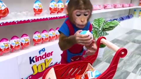Monkey BuBu go shopping kinder joy eggs at supermarket and get trouble in the toilet