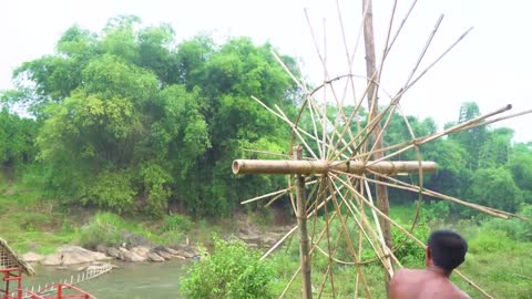 Build Bamboo House On The Water To Catch Fish With Big Swimming Pool - Full Video