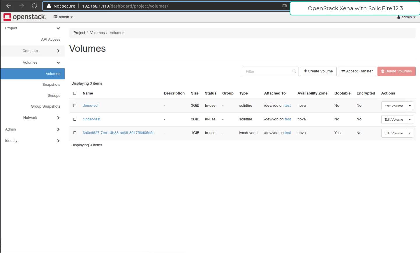 Using Openstack Xena with Cinder and SolidFire 12.3