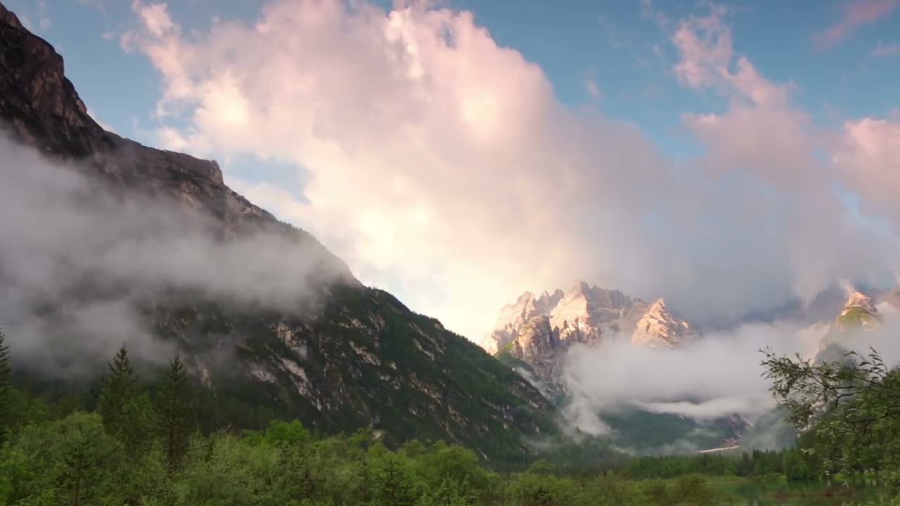 Nature Fog and Clouds over Lake and Mountains HD Scene Loop Background Beauty