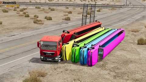 Flatbed Trailer Long Cars Transportation with Truck - Car vs Speed Bump vs Deep Water - BeamNG.Drive