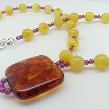 Natural Yellow Amber with Amethyst beaded necklace with pendant 16 inch long choker