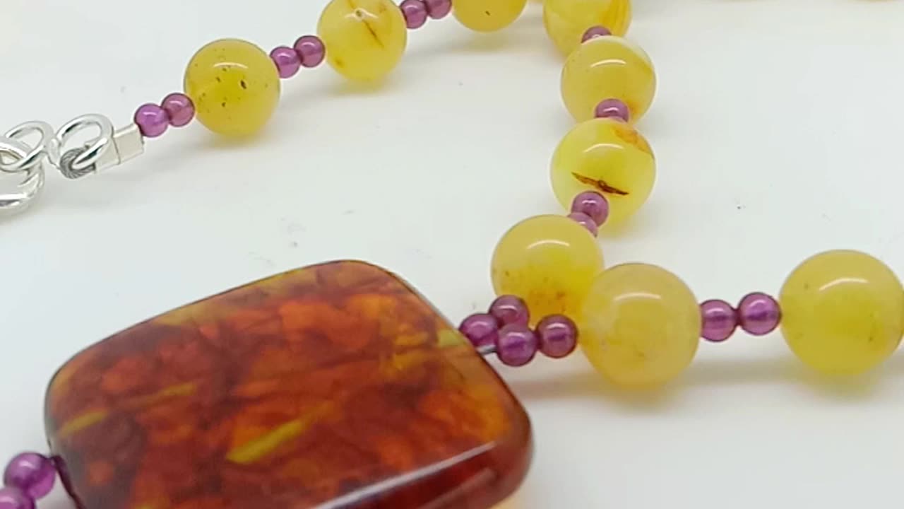 Natural Yellow Amber with Amethyst beaded necklace with pendant 16 inch long choker