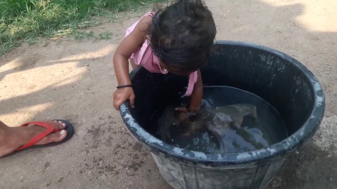 cute baby playing with little fish