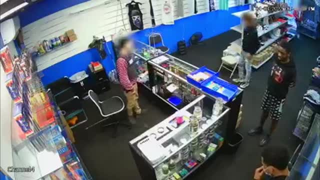 SHOOTOUT BETWEEN SMOKE SHOP EMPLOYEE AND 4 ARMED ROBBERS