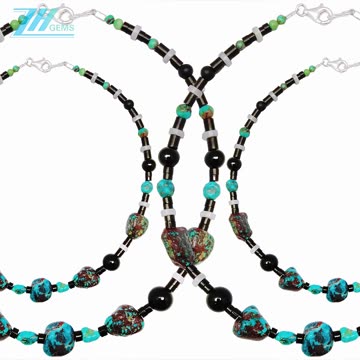 Irregular Natural turquoise with mop beads and smooth onyx beads heishi beads handmade03
