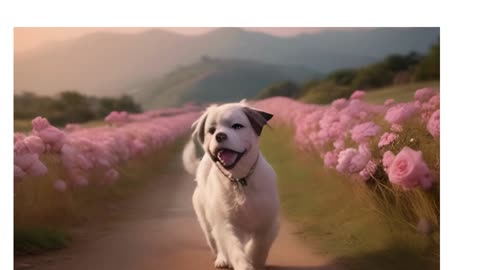 CACHORRO CAMINHA EM CAMINHO DE FLORES