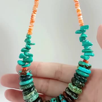 Free-shape Natural turquoise with Orange Spiny oyster roundle beads handmade necklace