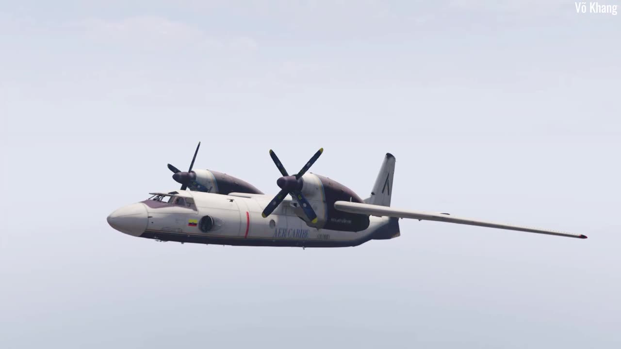 The An-32 Cline military transport aircraft flies search and rescue patrol at sea