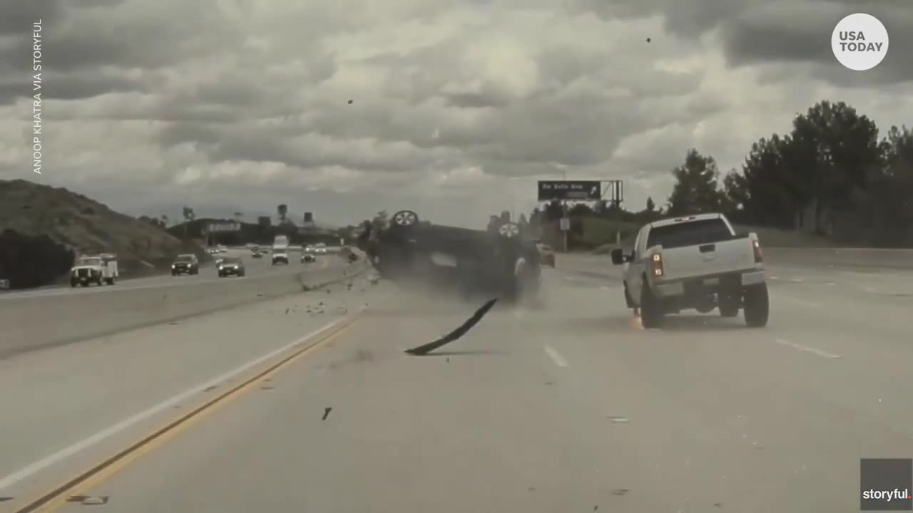 Car flips after being hit by a loose tire on a Los Angeles freeway _ USA TODAY