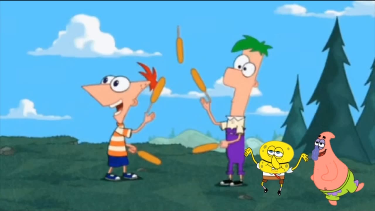 SpongeBob And Patrick Are Pretending To Be Imposters While Phineas And Ferb Juggle Corndogs