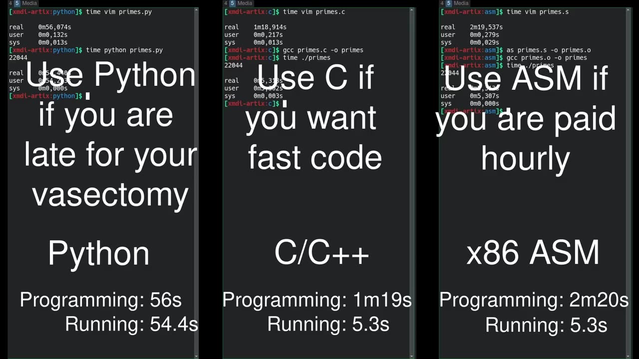 Python vs C/C++ vs Assembly side-by-side comparison