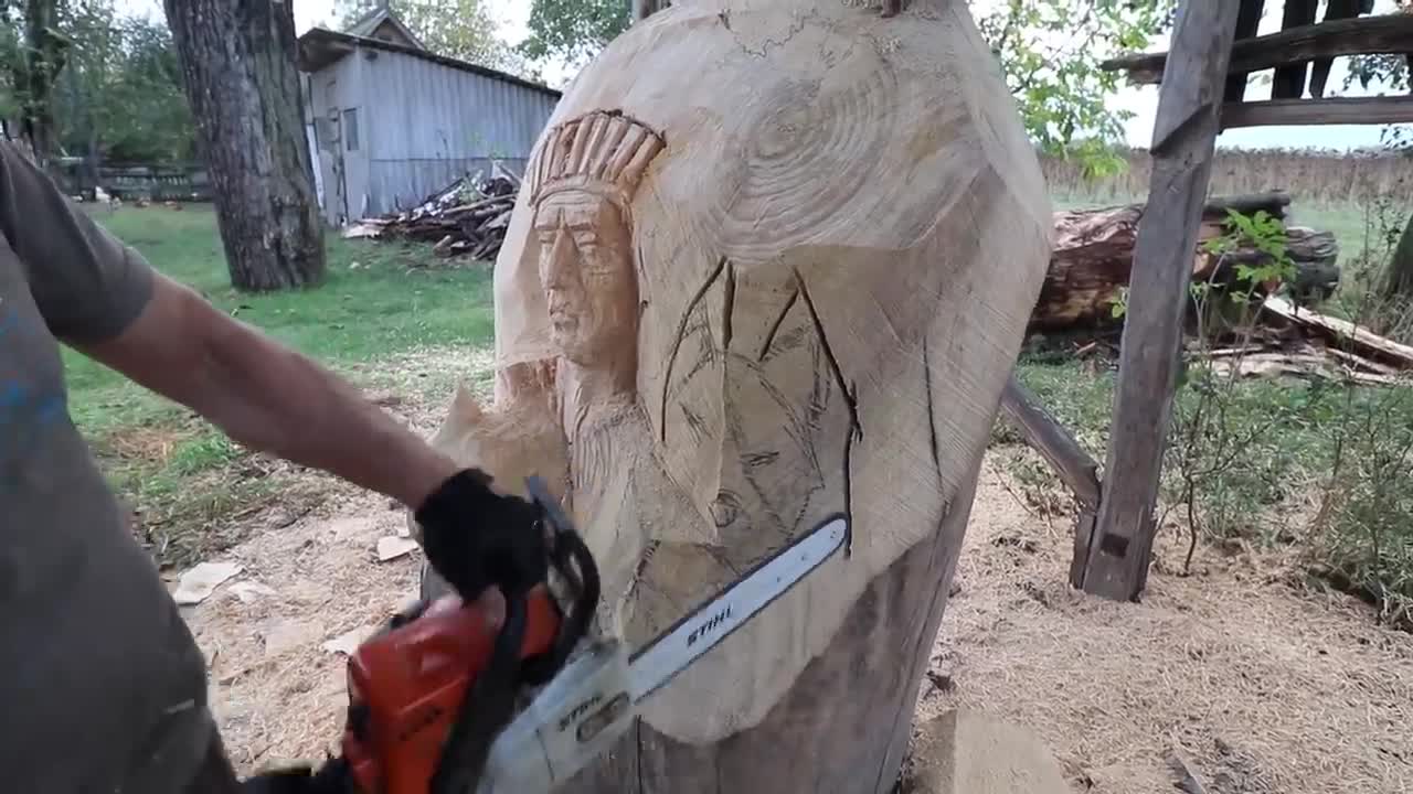 AMAZING CHAINSAW wood carving, Native American with wolves