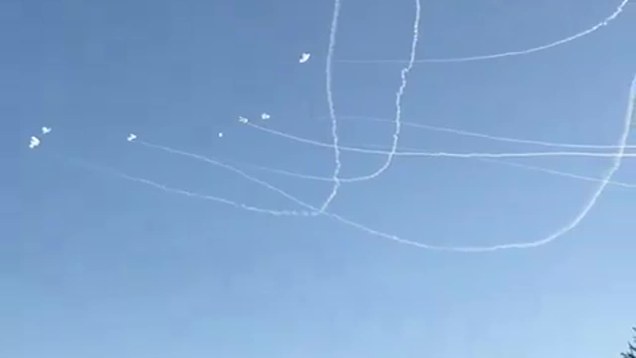 Multiple Iron Dome interceptions after a barrage of rockets is launched from Lebanon