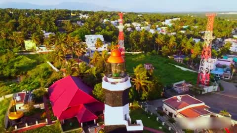 Bird's Eye View Of Lighthouse At a Beach In Tamil Nadu, India